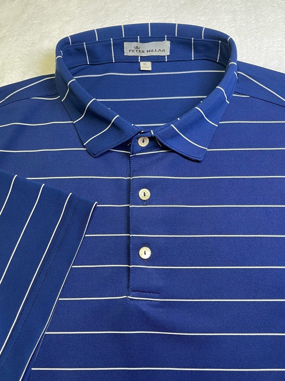 Peter Millar Men's XL Striped Short Sleeve Golf Polo Blue & White Performance
